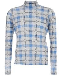 JW Anderson - Light Turtleneck T-Shirt With All-Over Check Motif And All-Over Logo Print - Lyst