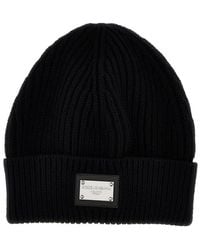 Dolce & Gabbana - Black Ribbed Beanie With Logo Plaque In Wool And Cashmere Blend Woman - Lyst