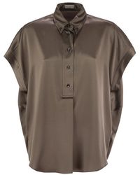 Brunello Cucinelli - Stretch Silk Satin Short-Sleeved Shirt With Necklace - Lyst