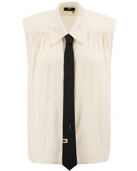 Elisabetta Franchi - Viscose Georgette Flared Shirt With Lettering Tie - Lyst