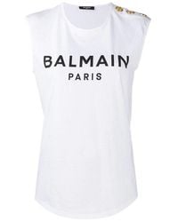 Balmain - 3 Button Logo Print Tank Top In White/black - Lyst