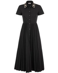 RED Valentino - Red Embellished Collar Pleated Poplin Dress - Lyst