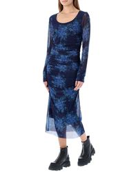 Ganni Floral-print Mesh Long Dress - Blue