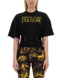 Versace - Glittery-logo Lace-up Cropped T-shirt - Lyst