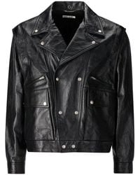 Saint Laurent - Crinkled-effect Biker Leather Jacket - Lyst