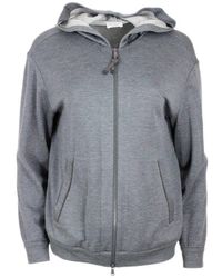 Brunello Cucinelli - Cotton And Silk Sweatshirt With Hood And Monili On The Zip - Lyst