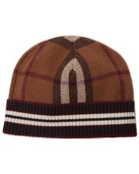 Burberry Check Cashmere Beanie Hat - Brown