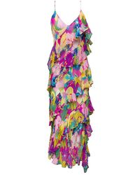 MSGM - Long Dress With Frills Embellishment And Floreal Print In Viscose - Lyst