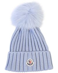 Moncler Logo Patch Pompom Beanie - Blue
