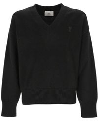 Ami Paris - Logo Embroidered V-neck Sweater - Lyst