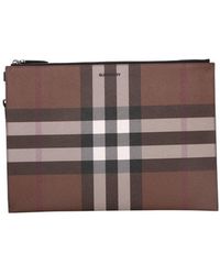 Burberry Logo Detailed Checked Large Clutch Bag - Brown