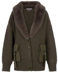 Blumarine - Military Maxi Cardigan With Faux Fur On Neckline - Lyst
