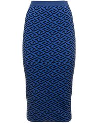 Versace - Blue Viscose Longuette Skirt With Jacquard Print - Lyst