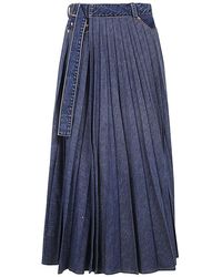 Sacai - Pleated Midi Denim Skirt - Lyst