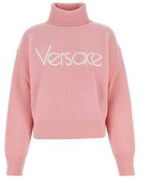 Versace - Logo-embroidered Roll-neck Ribbed Jumper - Lyst