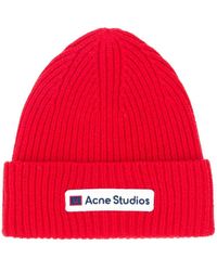 Acne Studios Logo Patch Knitted Beanie - Red