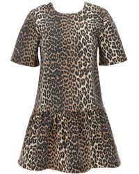 Ganni - Leopard Printed Open-back Mini Denim Dress - Lyst