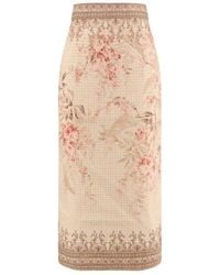 Zimmermann - Illuminate Linen Pencil Midi Skirt With Floral Print - Lyst