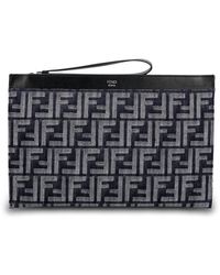 Fendi E Pouch With Ff Jacquard Motif In Cotton Denim Man in Gray