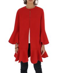 Valentino Ruffle Trim Straight Coat - Red