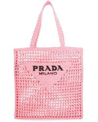 Prada - Logo Embroidered Woven Tote Bag - Lyst