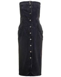 Isabel Marant - Dark Grey Strapless Midi Dress With Branded Buttons In Cotton Denim Woman - Lyst