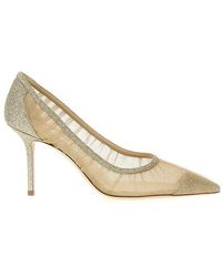 正規店買付【JIMMY CHOO】Love 85 グリッター パンプス Ivory チュールオーバーレイ付き Metallic Silver グリッター