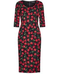 Dolce & Gabbana - Cherry-Print Charmeuse Calf-Length Dress - Lyst