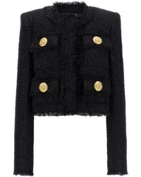 Balmain - Long Sleeved Cropped Tweed Jacket - Lyst