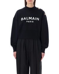 Balmain - Cropped Sweatshirt With Logo Print And Buttons - Lyst