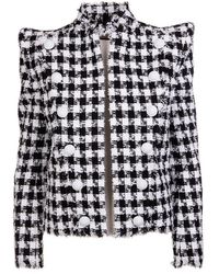 Balmain Black And White Tweed Blazer With Houndstooth Motif And White Embossed Buttons