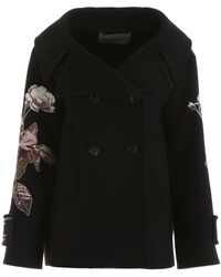 Valentino Drill Drap Embroidered Cropped Pea Coat - Black