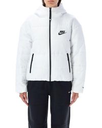 Nike Logo Printed Zipped Hooded Quilted Jacket - White