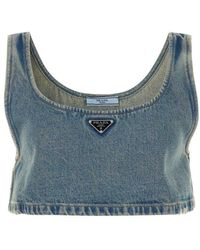 Prada - Logo-Plaque Denim-Chambray Crop Top - Lyst