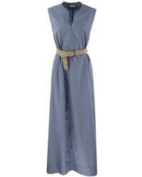 Brunello Cucinelli - Wrinkled Light Cotton Poplin Dress With Raffia Belt And Precious Neckline - Lyst