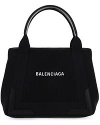 Balenciaga - Navy Cabas Leather-trimmed Printed Organic Cotton-canvas Tote - Lyst
