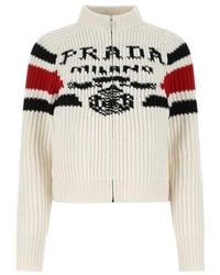 Prada Logo Intarsia Knit Zipped Cardigan - Natural