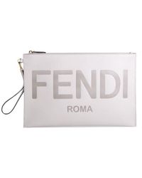 Fendi Logo Debossed Zipped Clutch Bag - White