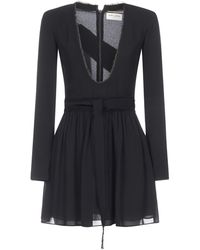 Saint Laurent Plunging Neckline Long Sleeve Mini Dress - Black