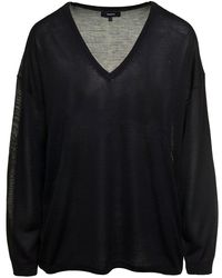 Theory - Black Pullover With V Neckline And Long Sleeves In Silk Woman - Lyst