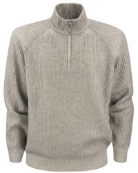 Brunello Cucinelli - Ribbed Cashmere Sweater With Zip Opening And Raglan Sleeve - Lyst