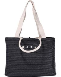 Marni Logo Embroidered Raffia Top Handle Tote Bag - Black