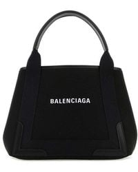 Balenciaga - Navy Cabas Leather-trimmed Printed Organic Cotton-canvas Tote - Lyst