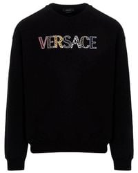 Versace Logo Embroidered Crewneck Sweatshirt - Black