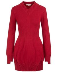 Alexander McQueen - Dark Red Cashmere Tunic Sweater With Corset Stitching - Lyst