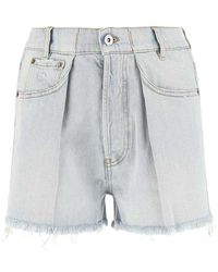 Short en denim à taille froncée et logo Miu Miu en coloris Bleu Femme Vêtements Shorts Shorts en jean et denim 