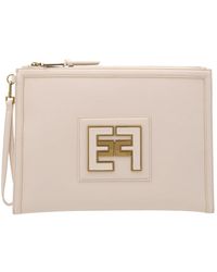 Elisabetta Franchi Synthetic Logo Plaque Zipped Clutch Bag in White Natural Womens Bags Clutches and evening bags 