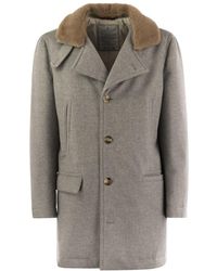 Brunello Cucinelli - Cashmere Coat With Shearling Collar - Lyst