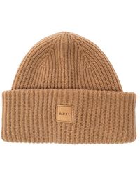 A.P.C. - Michelle Beige Beanie With Logo Patch In Wool And Cashmere - Lyst