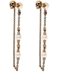 Alexander McQueen Pearl Skull Drop Chain Earrings - Metallic